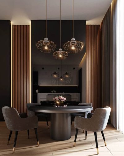 gray dining table under pendant lamps